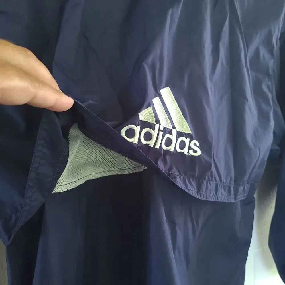 VTG 90s Adidas XL Navy Hooded Windbreaker Jacket 3 Stripe Embroidered Unisex EUC